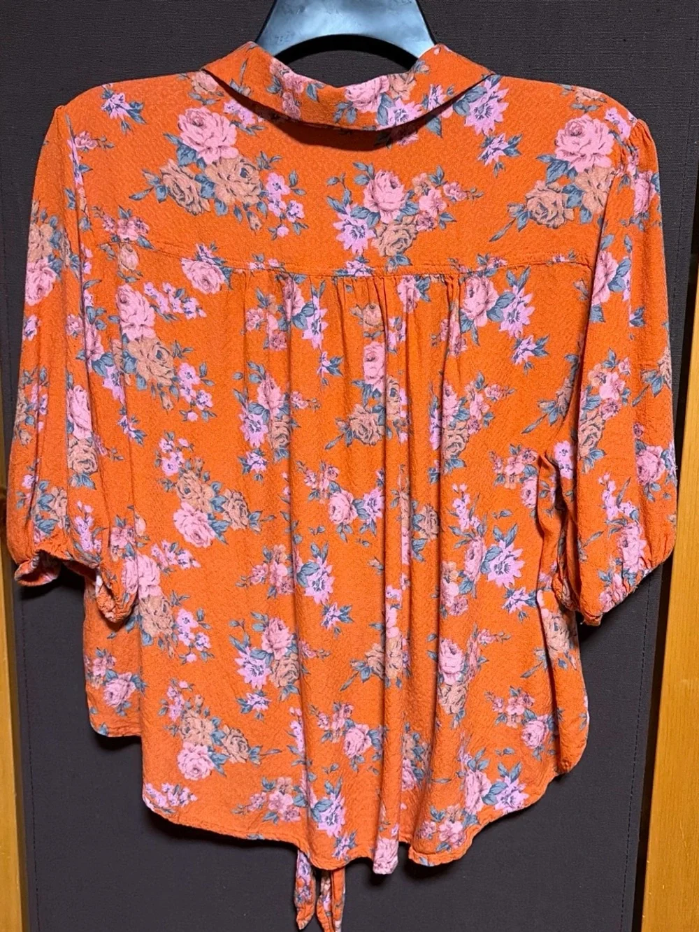 Free People Orange Floral Tie-Front Puff Sleeve Top
